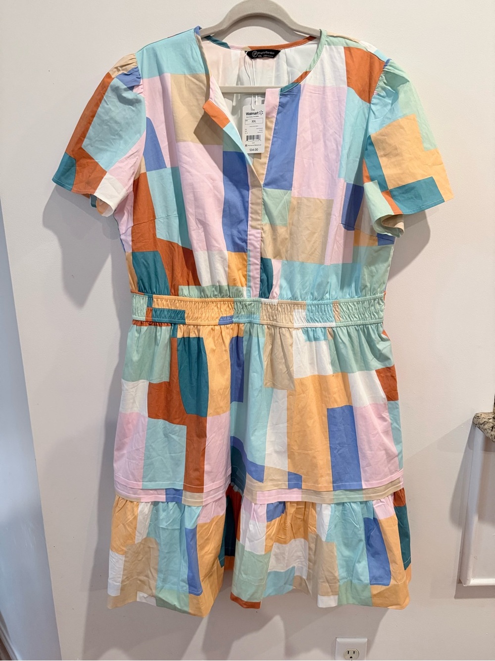 Pastel Colorblock Short Sleeve Mini Dress with Elastic Waist